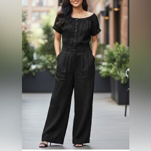 Max Mara Studio Women's Black Wide Leg Button down offshoulder Jumpsuit Size 2/4